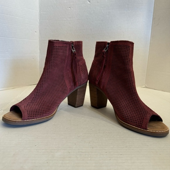 TOMS Majorca Boots Size 7.5 Block Heel Open Toe Burgundy Suede Bootie - Picture 10 of 16